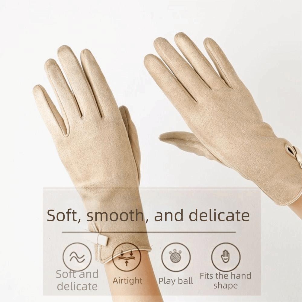 Velvet Winter Bow Suede Gloves Soft Women Cycling Mittens Cute Pu Leather Gloves  Outdoor