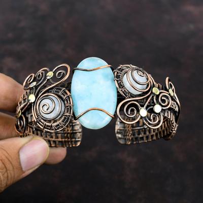Hemimorphite Cuff Bracelet Copper Wire Wrapped Bangle Moonstone Cuff Bracelet Gemstone Jewelry Handmade Adjustable Bangle Anniversary Gifts