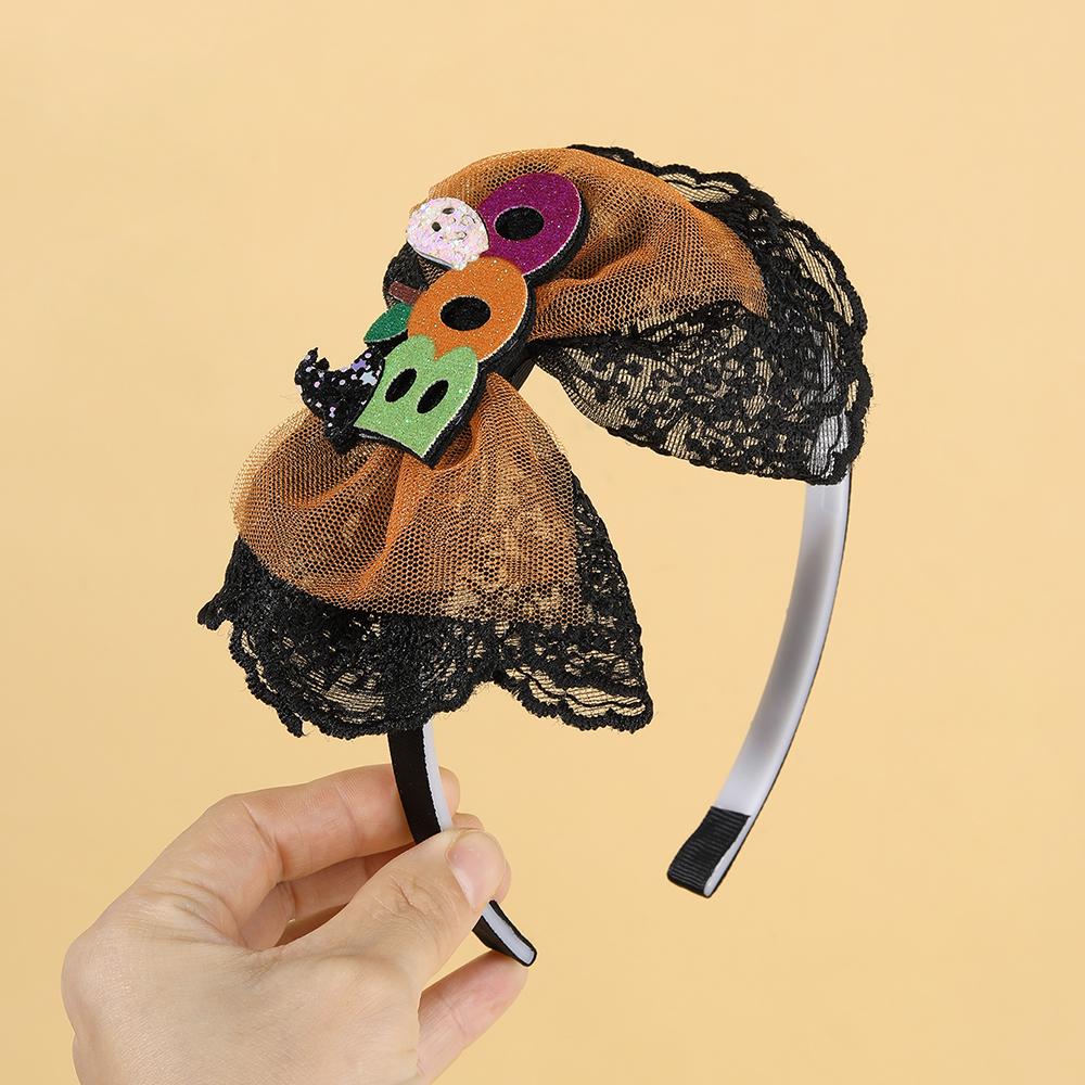 Halloween Lace Headband For Girls Black Mesh Bow Hair Bands Glitter Ghost Pumpkin Hairbands Children Gothic Headwear Accessories