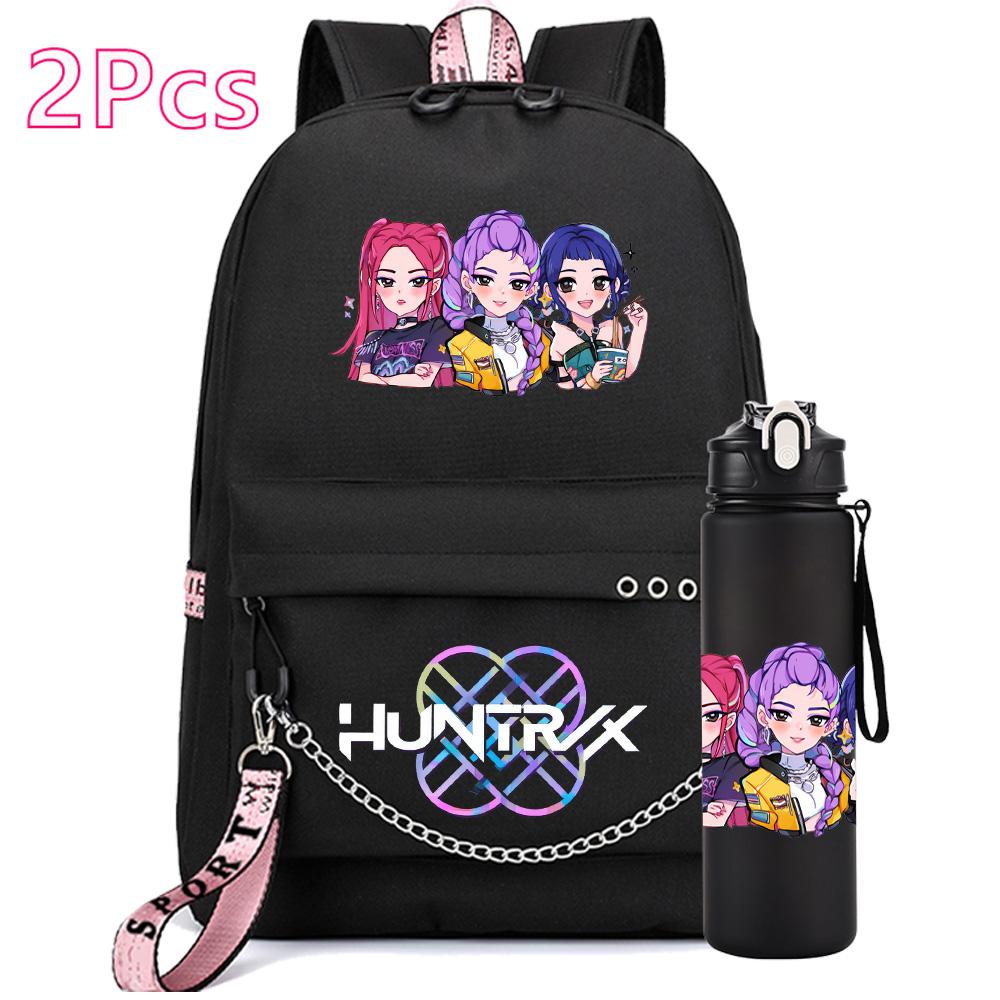 2Pcs/set Anime Cute Kpop Printed Backpack with 750Ml Water Bottler for Teenager Girl Boy Bookbag Kid Gift Large Capacity Waterproof Travel Bag