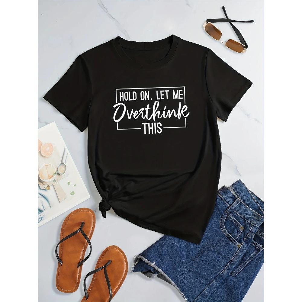 Plus Size Letter Print Short Sleeve Pullover T-shirt Women's Plus Slight Stretch Round Neck Casual Tee Casual Aesthetic Clothes