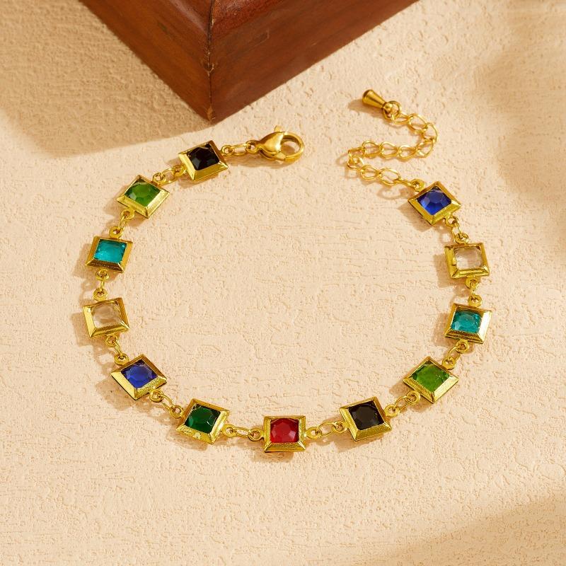 Gold Plated Multicolor Square CZ Jewelry Set, Stainless Steel Rainbow Gem Necklace Bracelet Set, Waterproof Boho Jewelry for Women Gift