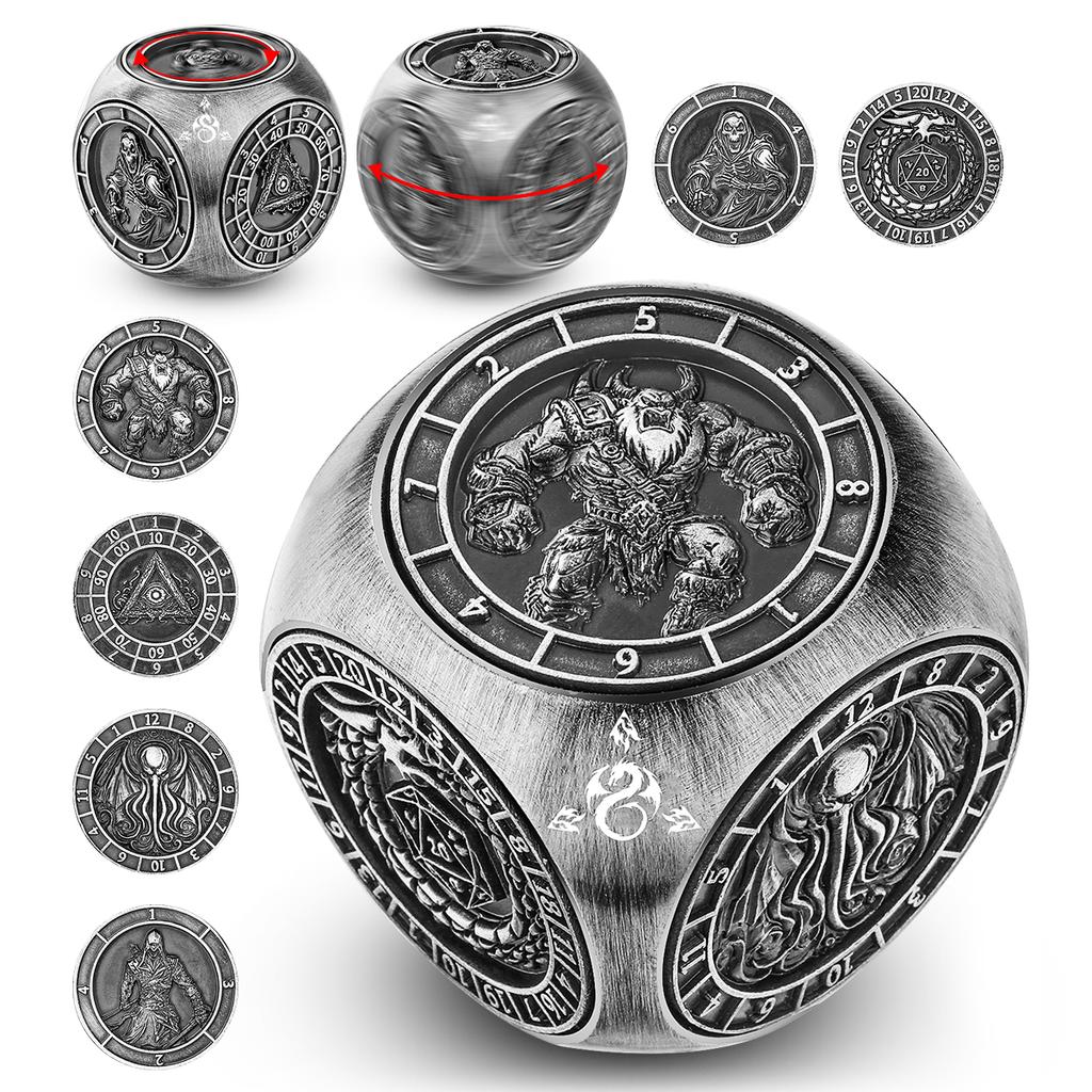 Partygeschenk Sechs-in-Eins Metall Drehende Würfel RPG Rollenspiel mit Sechs Verschiedenen Mustern Drehbarer Würfel D4/D6/D8/D10/D12/D20