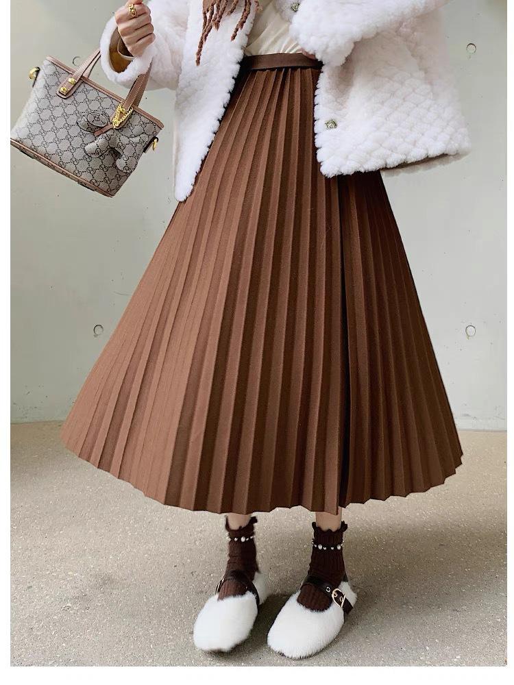 Premium Wool Pleated A-Line Skirt for Women, Korean Style, Versatile for Autumn/Winter, Elegant, High-Quality Midi Length.