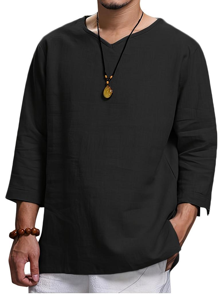 Herren Frühjahr 2024 V-Ausschnitt Langarm Leinen-Baumwoll Freizeitshirt