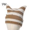 Warm Winter Gift for Her Cat Ear Hat Women Girls, Striped Slouchy Crochet Headgear Cute Animal Cap with Shiny Rhinestones, Knitted Playful Accessory