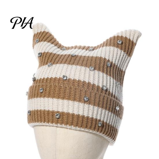 Warm Winter Gift for Her Cat Ear Hat Women Girls, Striped Slouchy Crochet Headgear Cute Animal Cap with Shiny Rhinestones, Knitted Playful Accessory