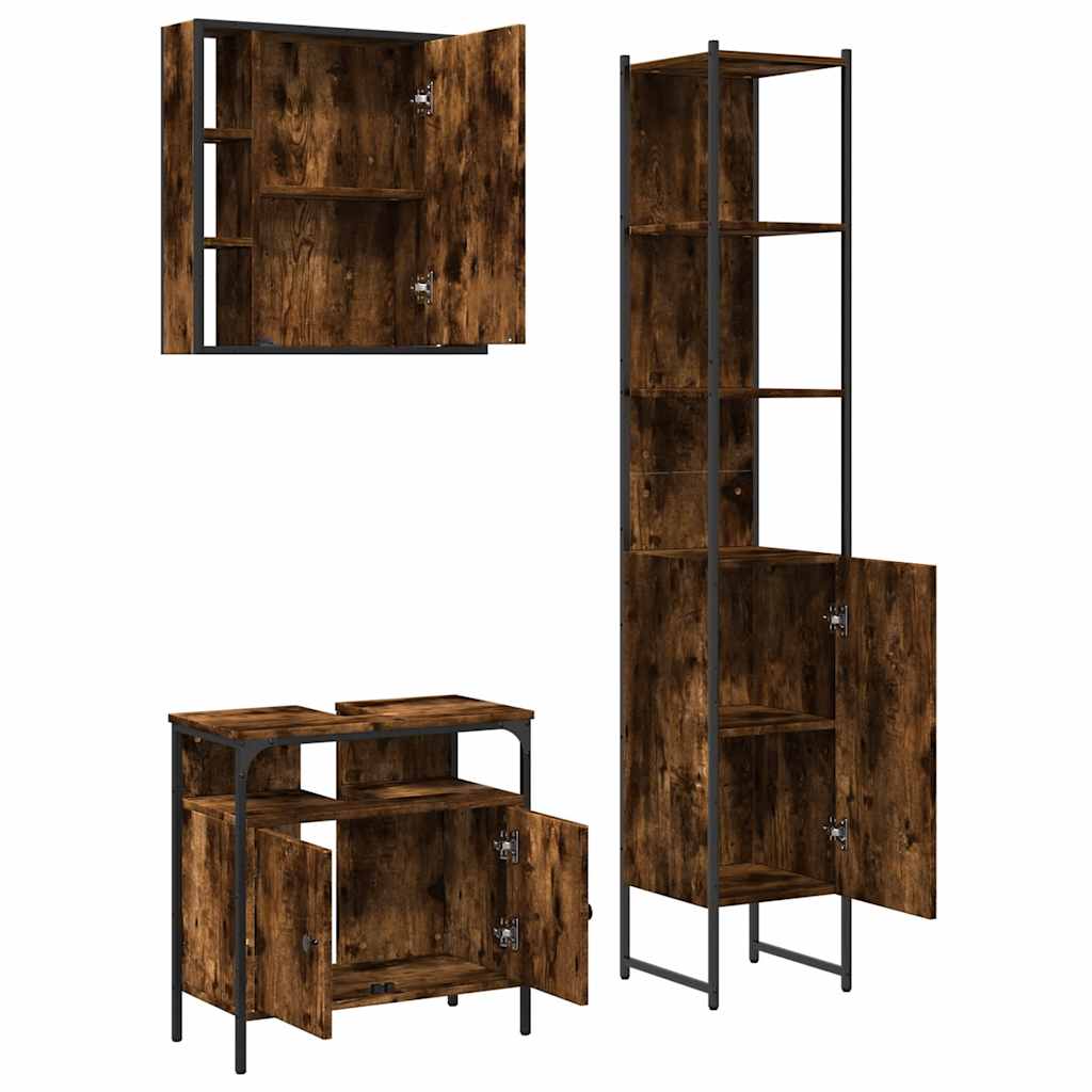 3 Piece Bathroom Furniture Set Smoked Oak Wood Based Material