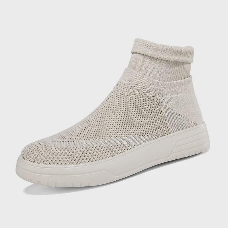 Autumn Breathable Mesh High-Top Casual Couple Socks Shoes - Men's Thick-Soled Flying Woven Sports Sneakers
