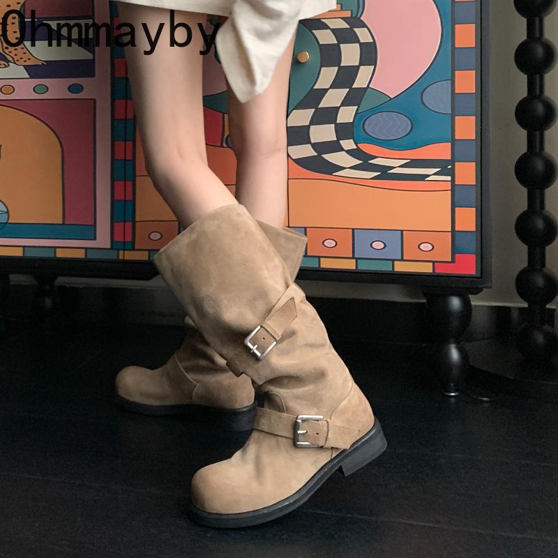 Autumn Winter Thick Heels Women Western Cowboy Boots Fashion Belt Buckle Shoes Female Pleated Long Booties  De Mujer