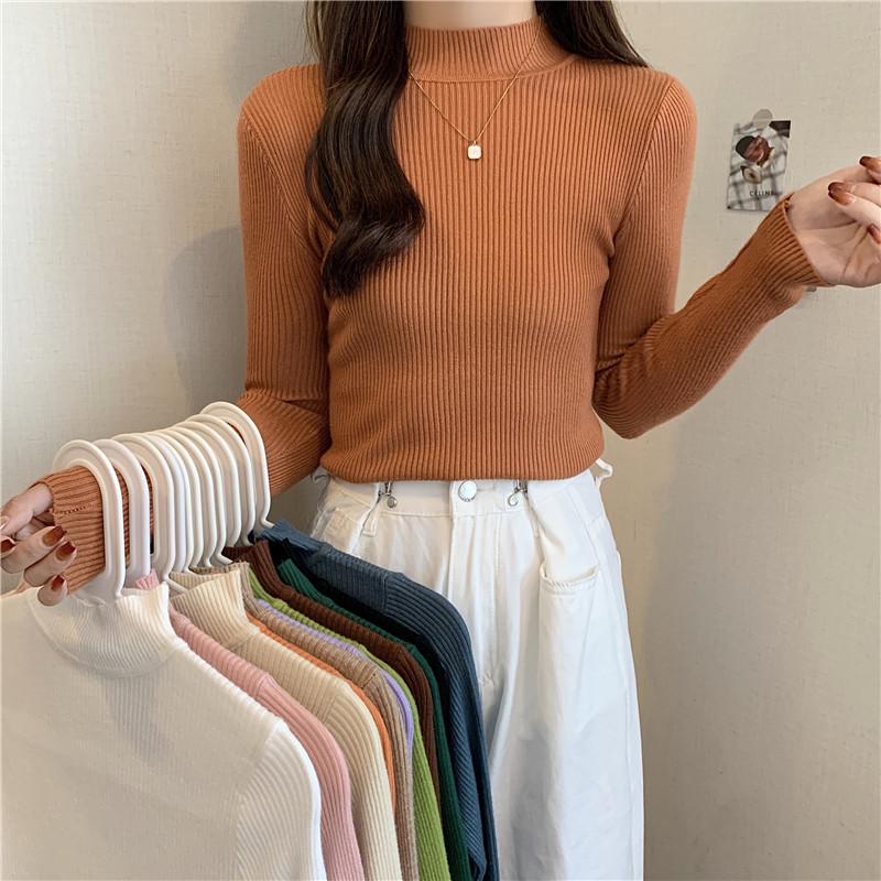 Women's Slim Fit High Neck Sweater: Korean Style, Long Sleeve Knit Top for Autumn/Winter 2024