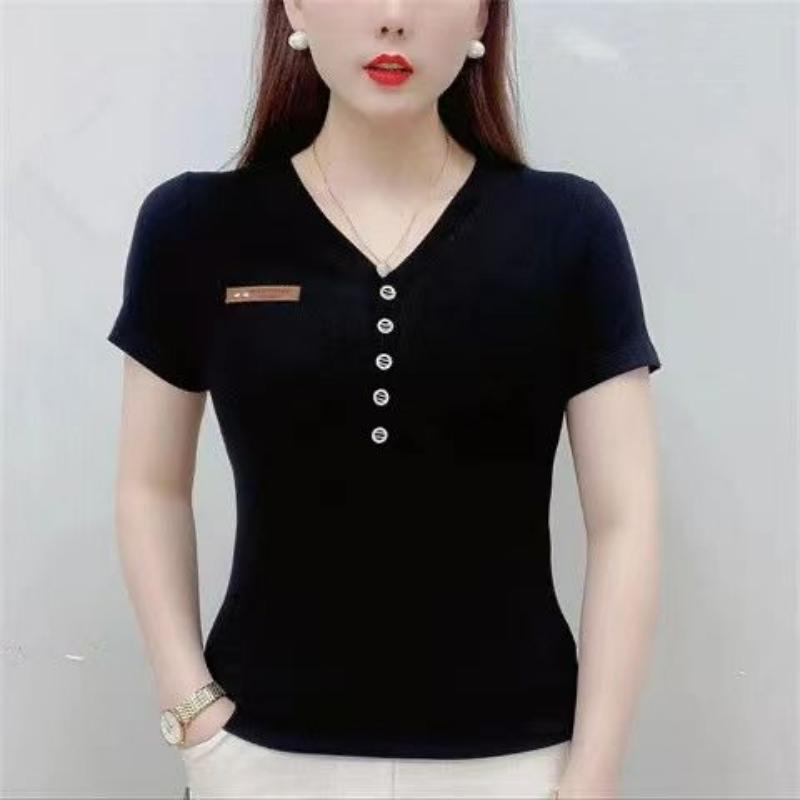 Korean New Summer Trend Slim Fit Design Print Stripe V-neck T-shirt Women's Button Breathable Fashion Casual Short Sleeved Top