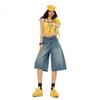 Trendy Vintage Heavy Patch Pocket Loose Straight Distressed Cropped Capri Denim Pants For Women Versatile Slimming FigureFlattering Casual Bottoms
