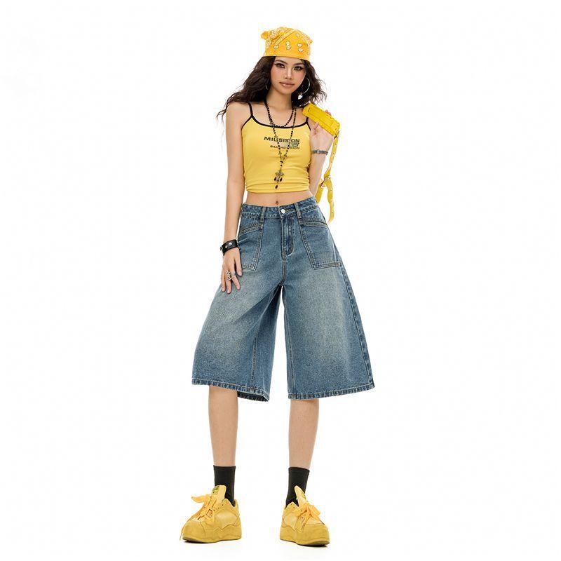 Trendy Vintage Heavy Patch Pocket Loose Straight Distressed Cropped Capri Denim Pants For Women Versatile Slimming FigureFlattering Casual Bottoms
