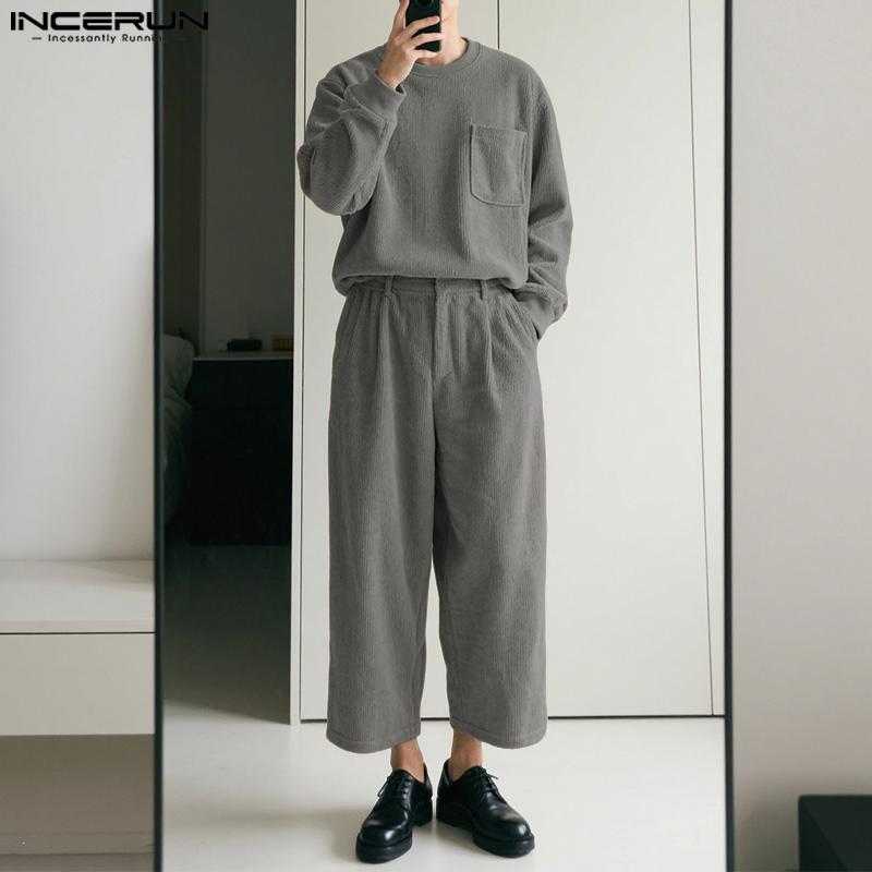 INCERUN Two Pieces Autumn Men Long Sleeve Pullovers Long Pants Casual Corduroy Sets Outfits