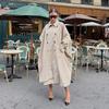 Französischer Stil Langer Trenchcoat Damen Lockere Passform Revers Hinterer Knopf Schlitz Design