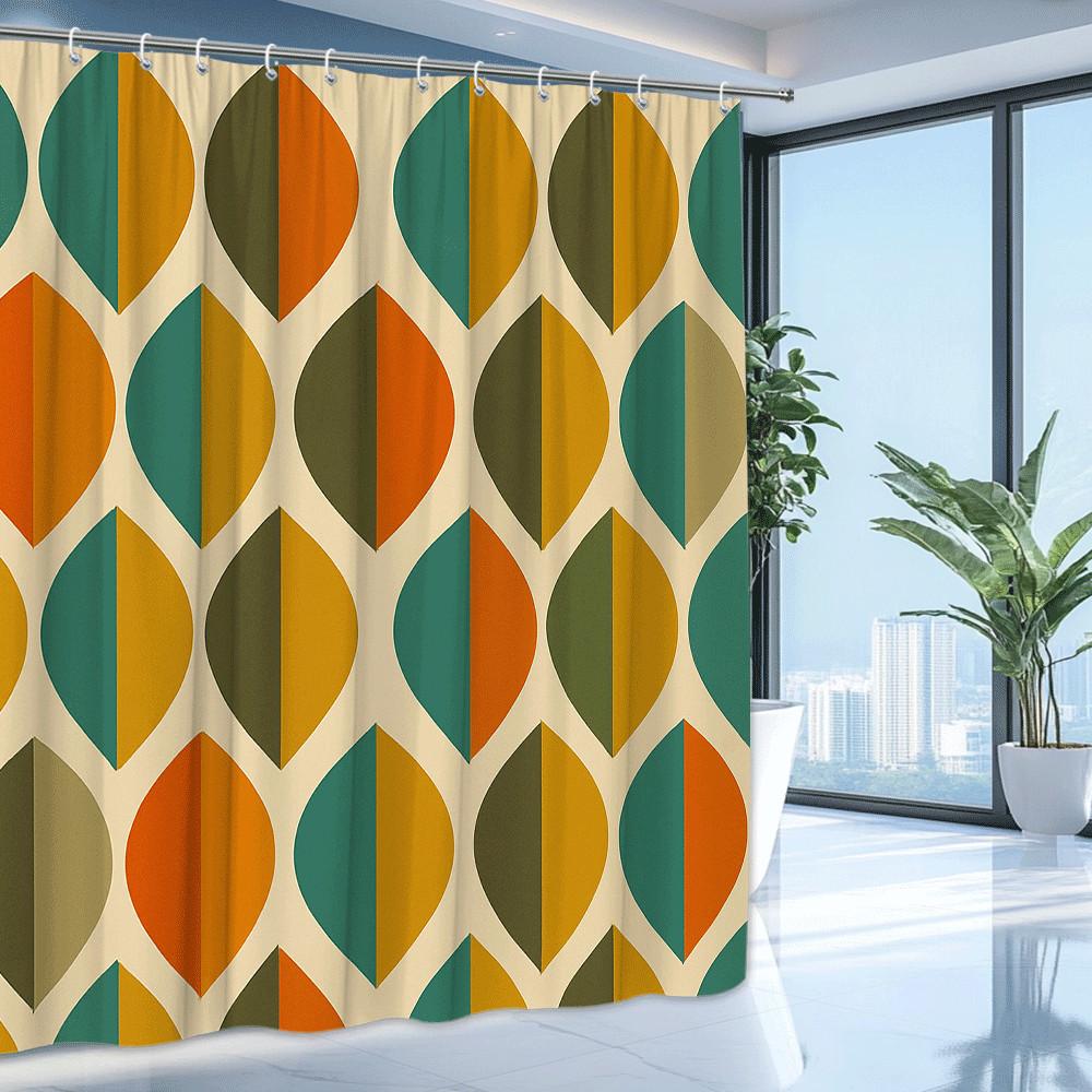 Retro vzor listů Závěs do sprchy Oranžová, zelená a hořčicová barva Design Mid Century Modern Dekorace Voděodolný Pozvedněte svůj prostor
