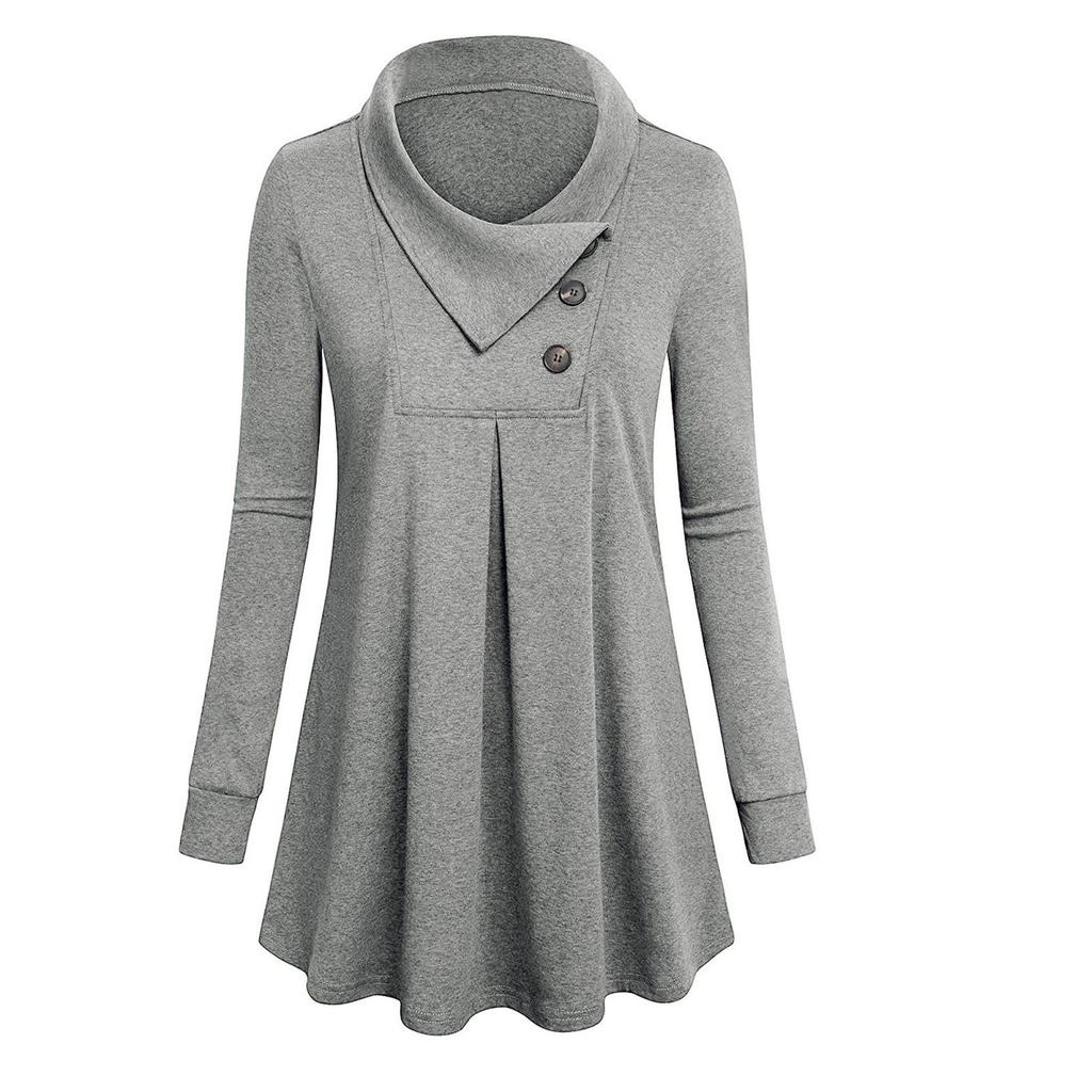 Women's Solid Color Button Long Sleeved T-shirt Loose Pullover Top