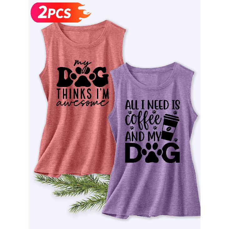Follow a Specific Direction Two-piece Women's Sleeveless Vest with Vintage Print Summer Casual Wear Dog Coffee Fun Cute Essential Fashion Items for