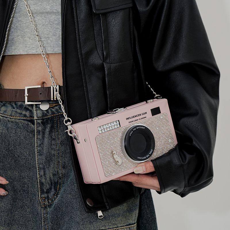 Korean Faux Camera Shape Shoulder Bag Women Chain Rhinestone Box Crossbody Bag Ladies Fashion Unique Design Small Square Bag New