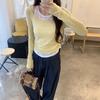 Small contrasting color fake two long-sleeved T-shirt women's spring ins waist pinch pleated undershirt thin short top