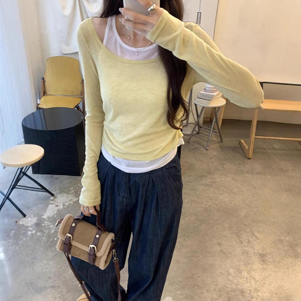 Small contrasting color fake two long-sleeved T-shirt women's spring ins waist pinch pleated undershirt thin short top