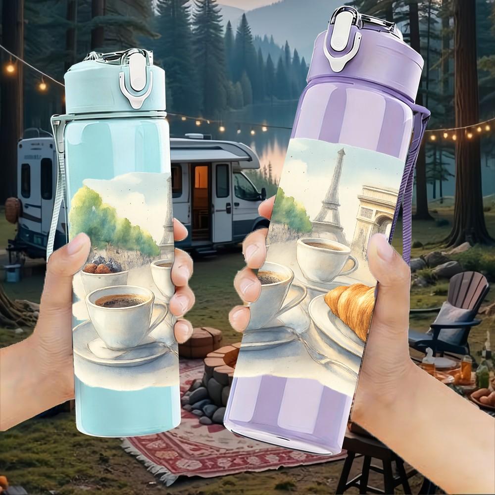 1PC Eiffel Tower Coffee Croissant 750ml Color Plastic Sports Water Bottle Leakproof Flip Straw Lid Suitable for Sports Office Home Use