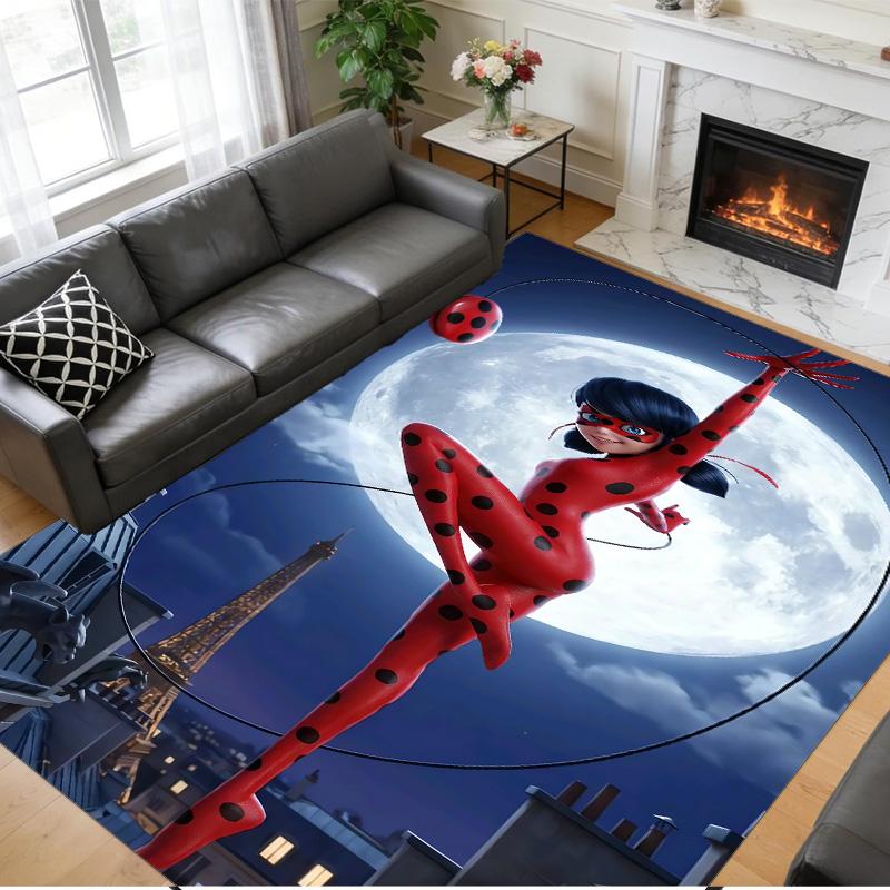 Rutschfester Kristall-Samt-Teppich, Teppich mit Miraculous Ladybug Design für Innenbereich Wohnzimmer Schlafzimmer Heimdekoration