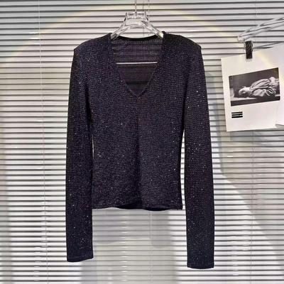 Plus Size Fall Niche Celebrity V-neck Full Rhinestone Shiny Long Sleeve Pullover Shirt