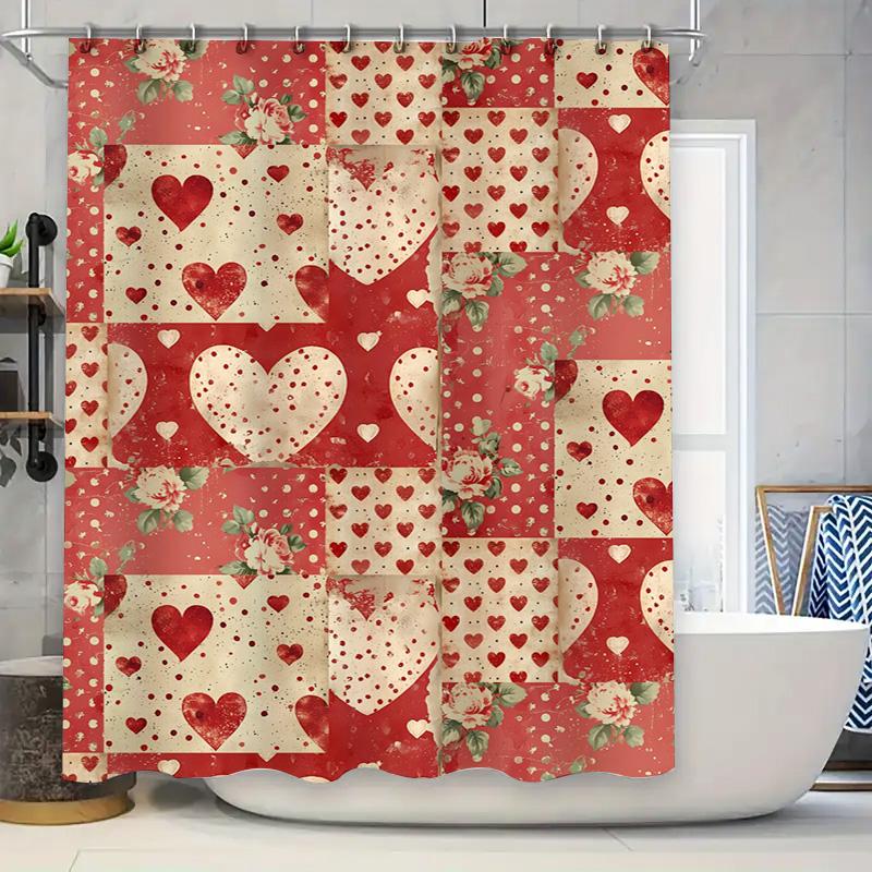

Vintage Heart Floral Shower Curtain Red Beige Decorative Bath Rug Cover For Bathroom Home Decor W60H190(CM)-1 Pcs