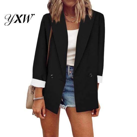 Blazer Coat Long Sleeve Big Pockets Single Button Office Suit Fashion Solid Color Lapel Jacket Workwear