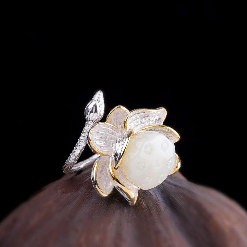 New   Natural Hetian Jade Lotus Handmade Female Model Atmospheric Retro Temperament Open Ring
