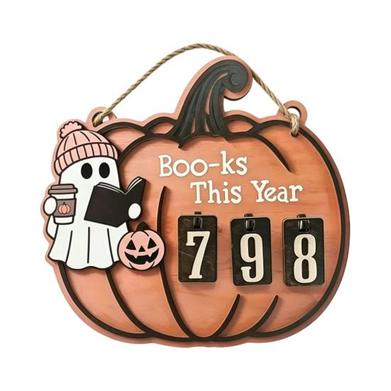 Double-layer Wood Chip Tech Halloween Ghost Pumpkin Reading Tracker Wooden Hanging Sign, Sliding Number Counter for Book Read This Year, Decoration