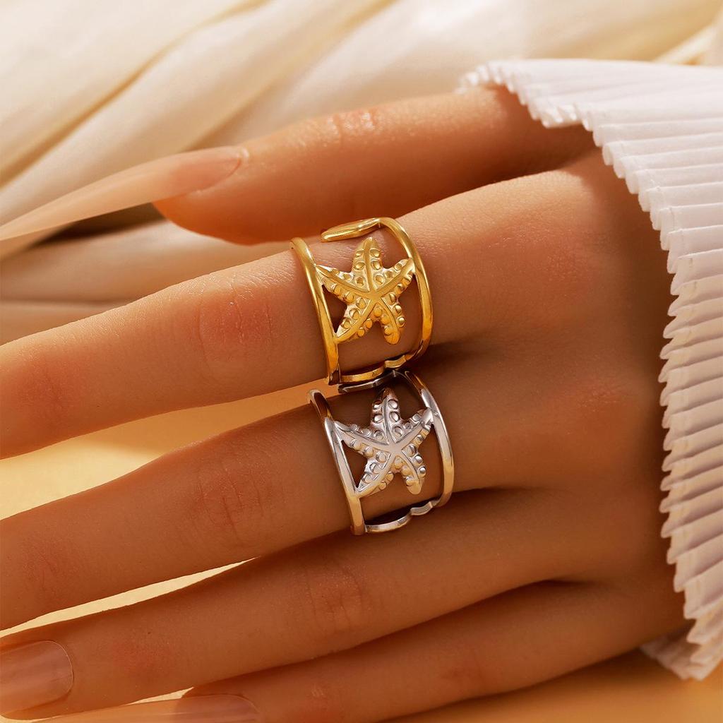 Fresh Ocean Resort Starfish & Shell Open Ring - Stainless Steel Jewelry for Women