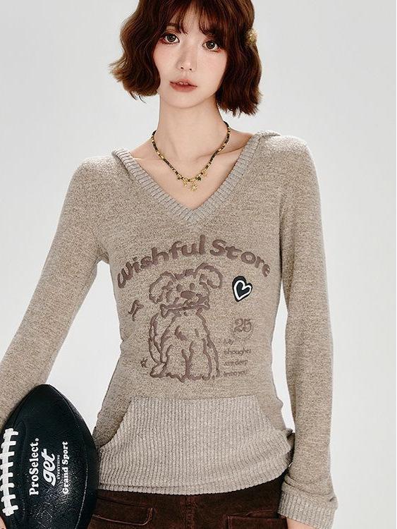 American Chic Slim-Fit Long-Sleeve Little Dog Hoodie for Women - Early Autumn Design