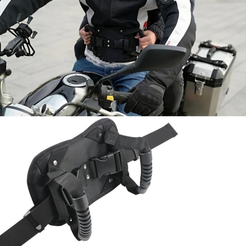 Black Rear Seat Hand Grip for Motorcycle Passenger Travel, Buckle Strap Design With Padded Woven Fabric Support Base Panel for Road Use