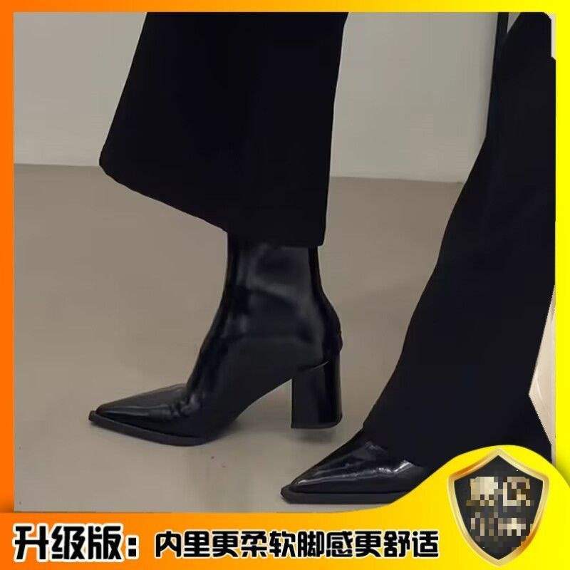 High-heeled short boots women's thick heel pointed rear zipper 2025 new autumn and winter versatile black Martin boots