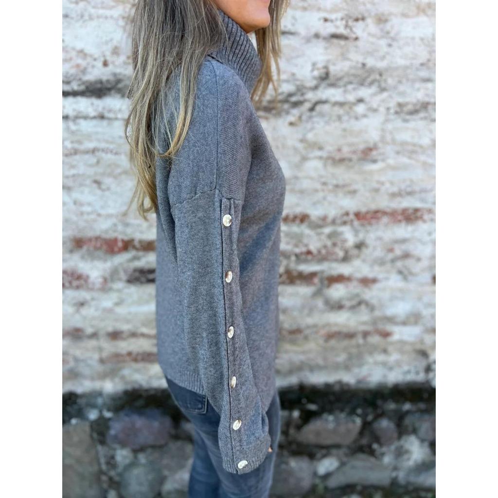 Casual Women's Pullover Sweater New High Neck Knitted Top Autumn Winter Button