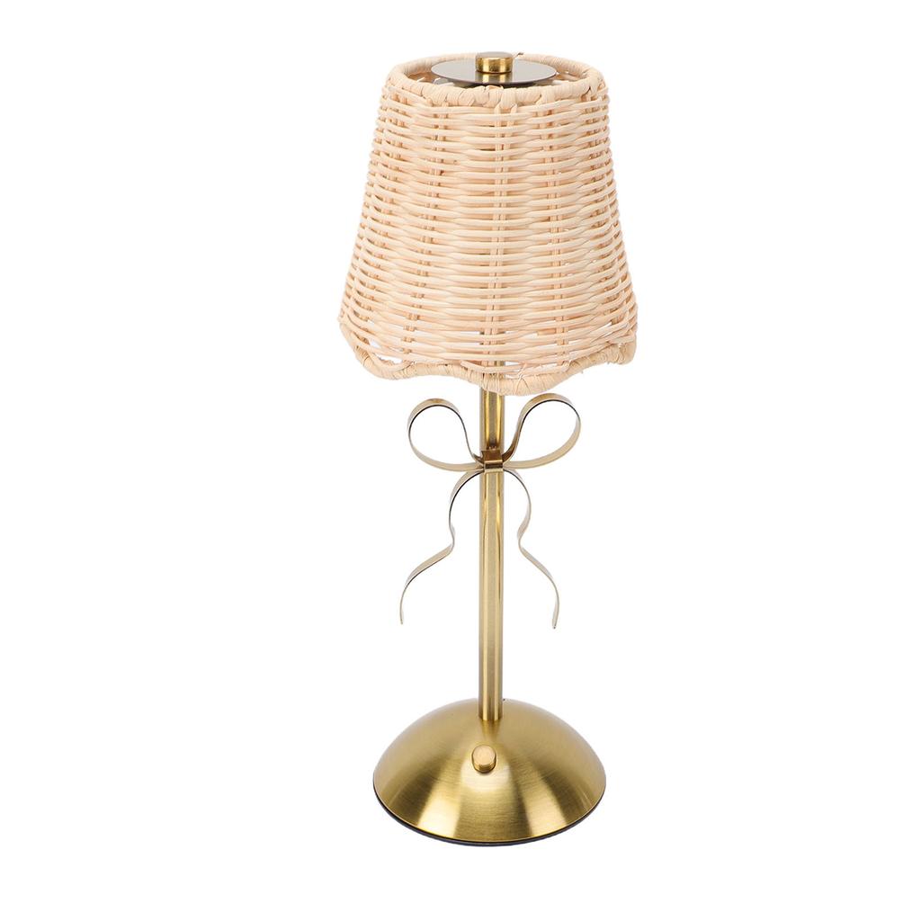 Kabellose Rattan-Bogenlampe, USB-wiederaufladbar, Vintage-Gewebe-Tischlampe mit Metallfuß für Schlafzimmer