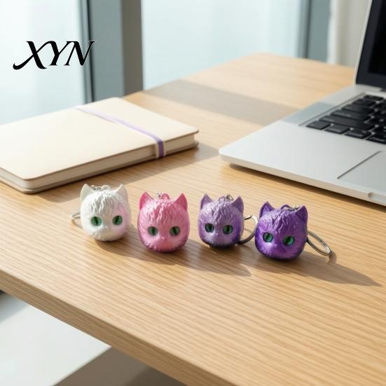 Playful Cat Bag Decoration 3D Printed Head Keychain, Cute Kawaii Kitten Charm with Pearlescent Finish & Bright Shaped Ornament Green Eyes, Lightweight