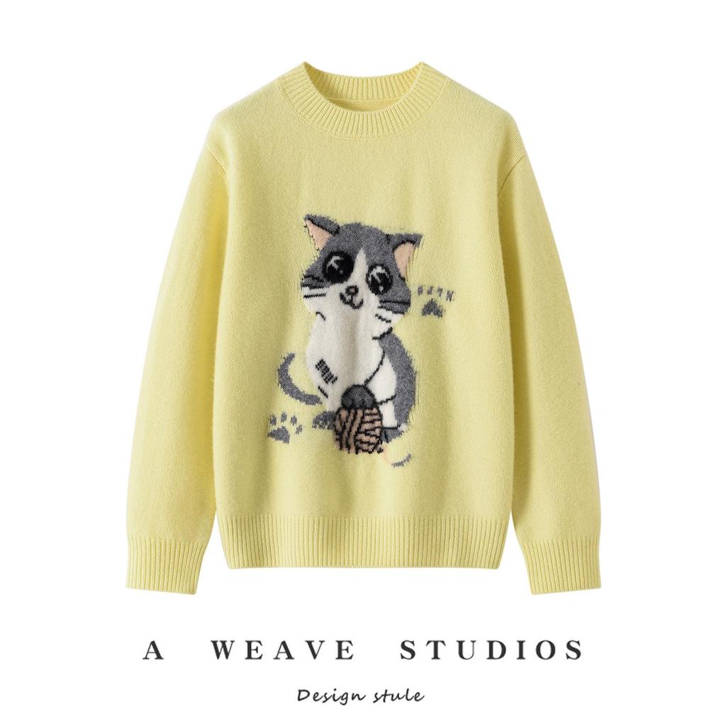 Cashmere Knit Cat Pattern Sweater - Autumn/Winter Loose Fit Round Neck Layer