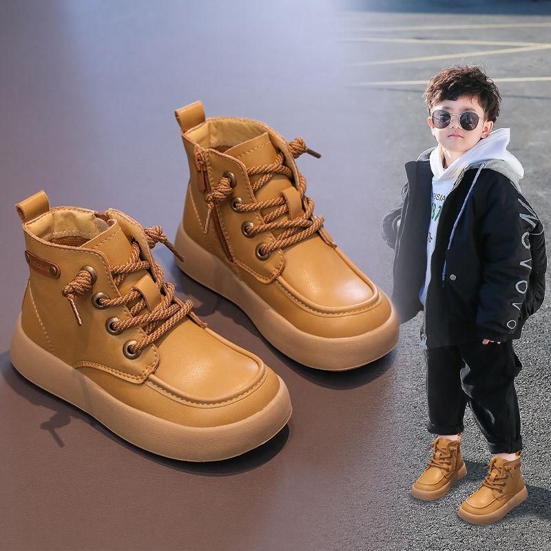 Boys' Martin boots 2025 autumn/winter new British-style booties with fleece and thickened cotton shoes, children's leather boots