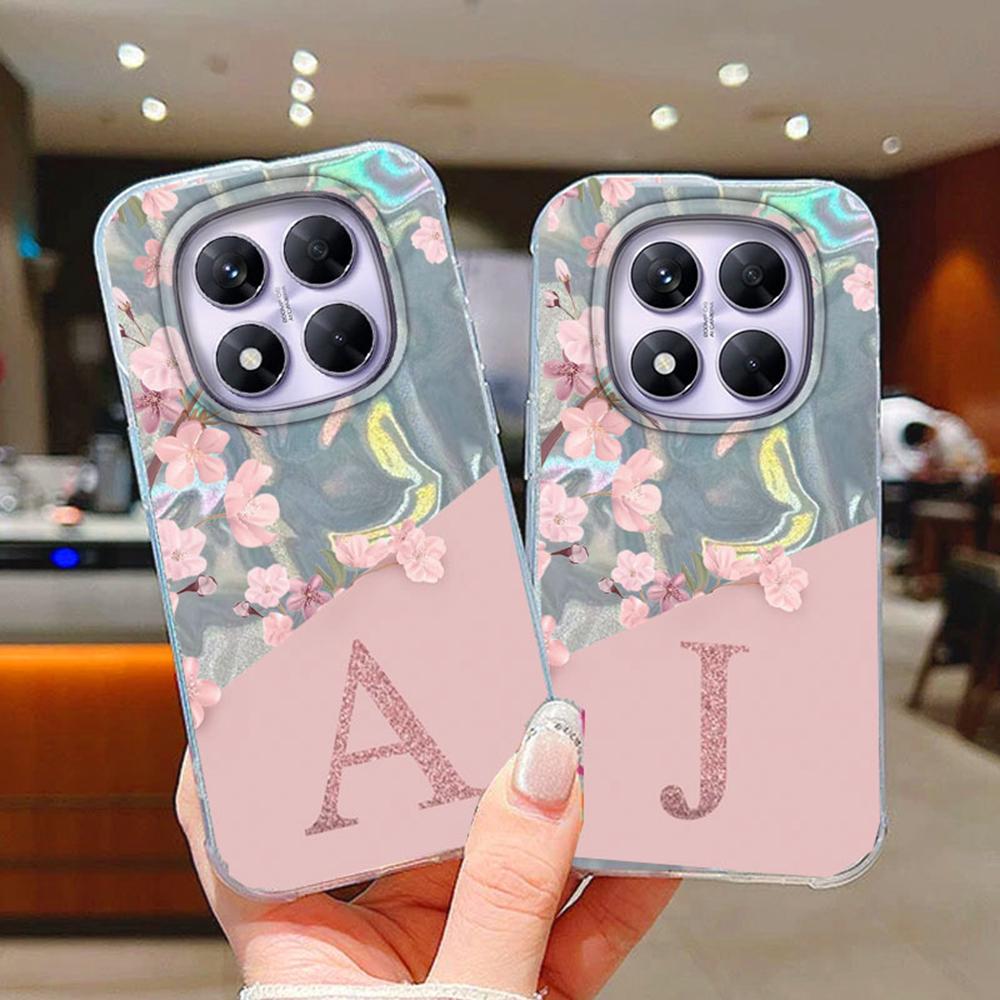 Initial Letter A Z Case For Xiaomi Redmi 13T 14T  Note 13 14 Pro Plus 5G Poco X6 Cover Pink Flowers Silicone Back Fundas Bumper