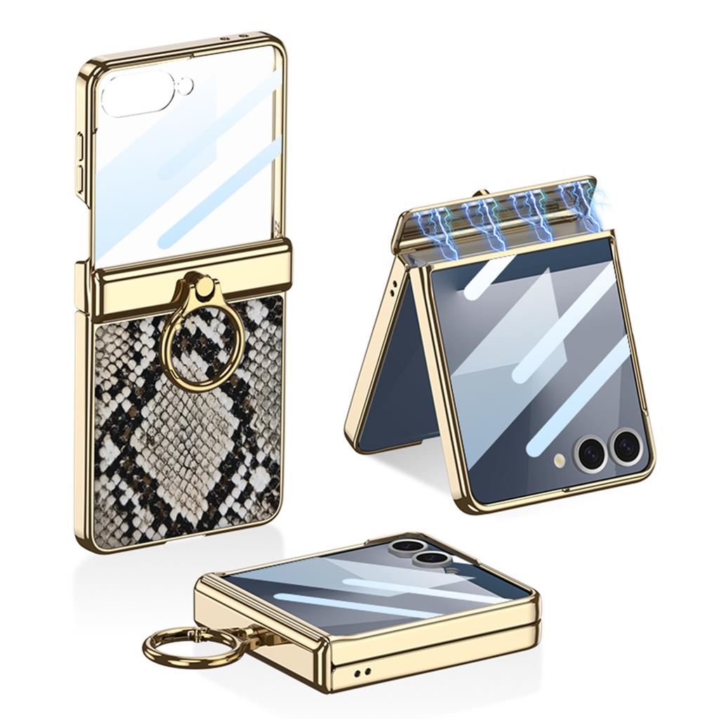 Suitable for Samsung Z FLIP7 Mobile Phone Case Electroplated Finger Ring Hinge Plain Leather Protective Case Flip7 Shell Film Anti Fall Full Package