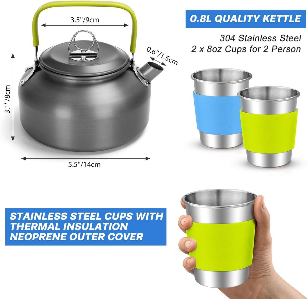 Camping Cookware Mess Kit Non-Stick Lightweight Aluminum Stainless Steel 1-2L Pots Set Pot Cover Portable Outdoor Travel