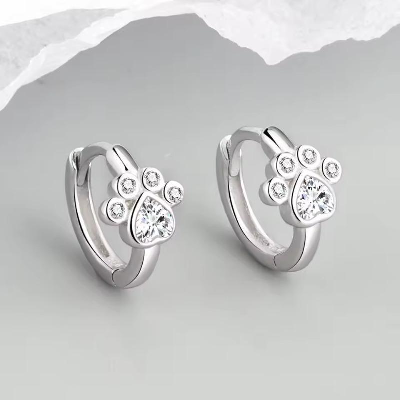 Korean Cute Cat Paw Footprint Ear Buckle Fashion Zircon Hoop Earrings for Women Silver Color Charm Circle Earrings Jewelry Gift