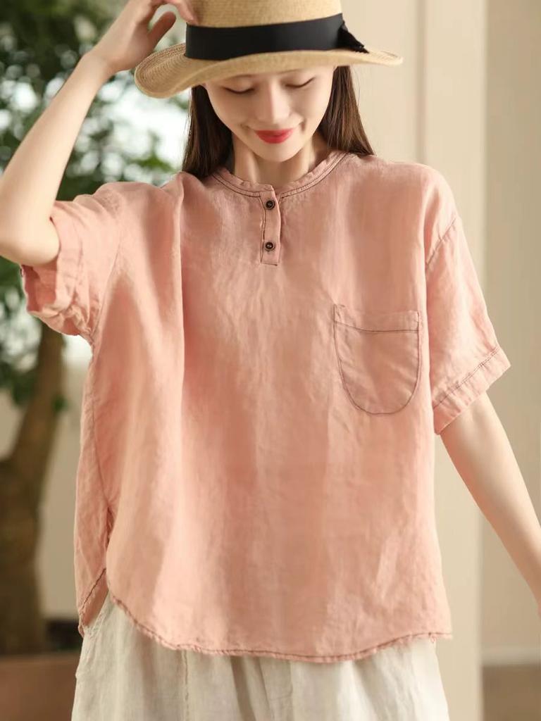 Johnature Women Vintage Patchwork Pockets T-Shirts O-Neck Short Sleeve Solid Color Summer Loose Casual T-Shirts