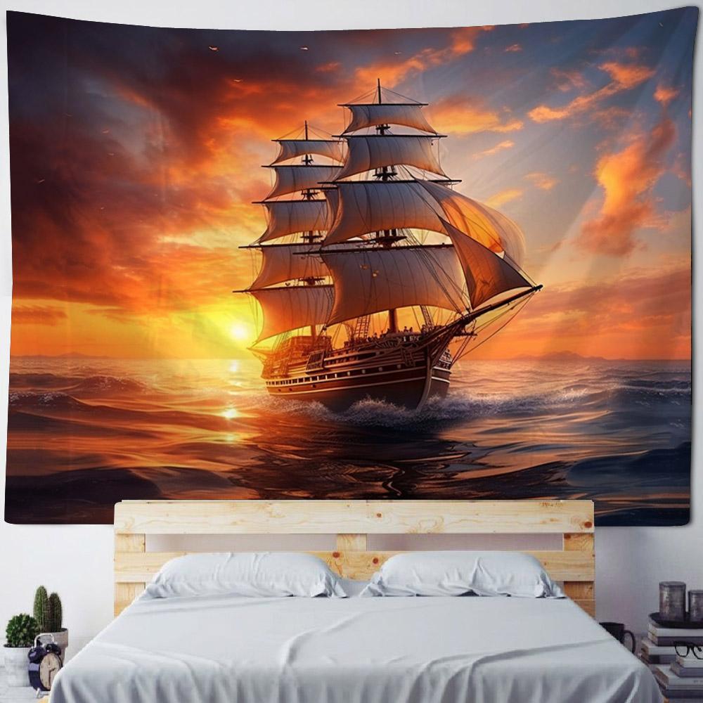 Ozean Ölgemälde Wandteppich Retro Piratenschiff Wandbehang, Hippie Heimdekoration Wandbild, Wohnzimmer und Schlafzimmer Kunstdekoration