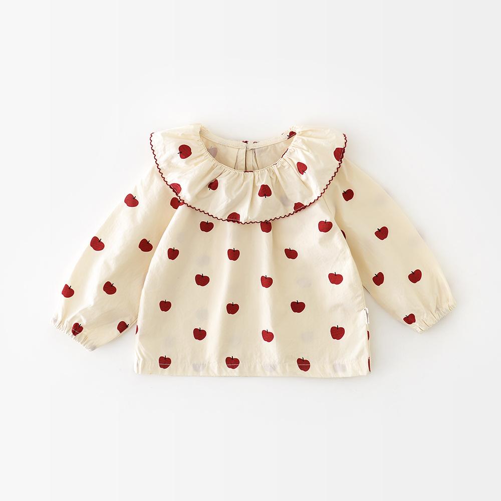 

2025 осень новая мультяшная рубашка с лацканами в виде яблока для девочек, кукольная рубашка с длинным рукавом для малышей 73cm