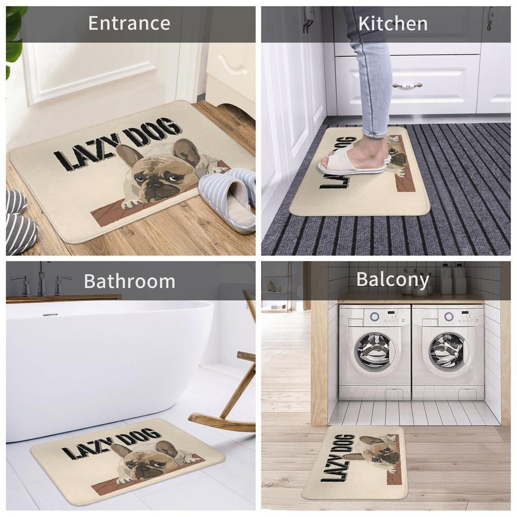 French Bulldog Illustration Doormat Beige Brown Black Printed Polyester Machine Washable Cold Water Only 80x50cm